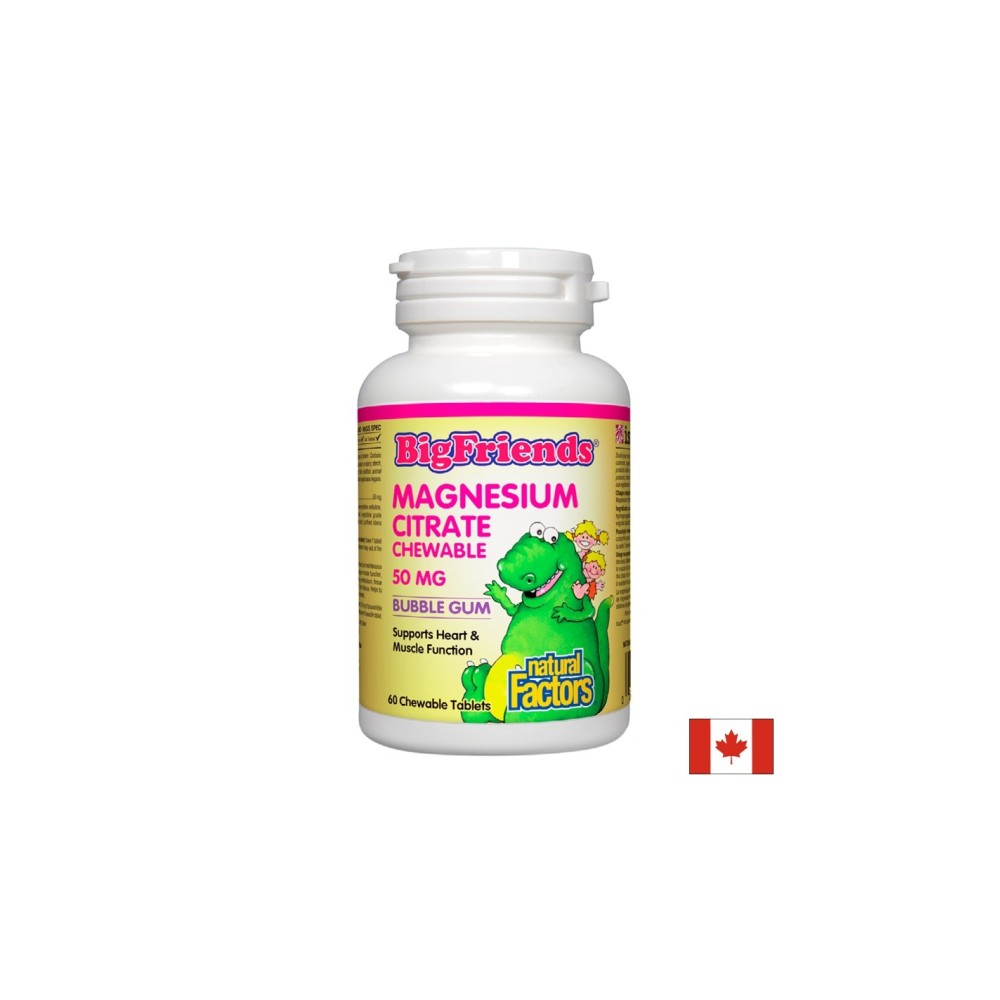 Magnesium Citrate Big Friends - Магнезий (цитрат) за деца 50 mg, 60 дъвчащи таблетки с вкус на дъвка Natural Factors Magnesium Citrate Big Friends - Магнезий (цитрат) за деца 50 mg, 60 дъвчащи таблетки с вкус на дъвка Natural Factors