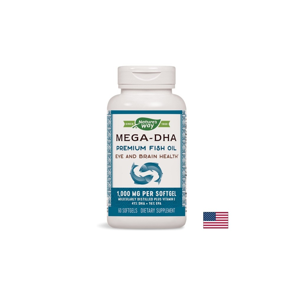 Mega-DHA - Рибено масло Мега-ДХА – за мозъка и зрението, 1000 mg, 60 софтгел капсули Nature’s Way Mega-DHA - Рибено масло Мега-ДХА – за мозъка и зрението, 1000 mg, 60 софтгел капсули Nature’s Way