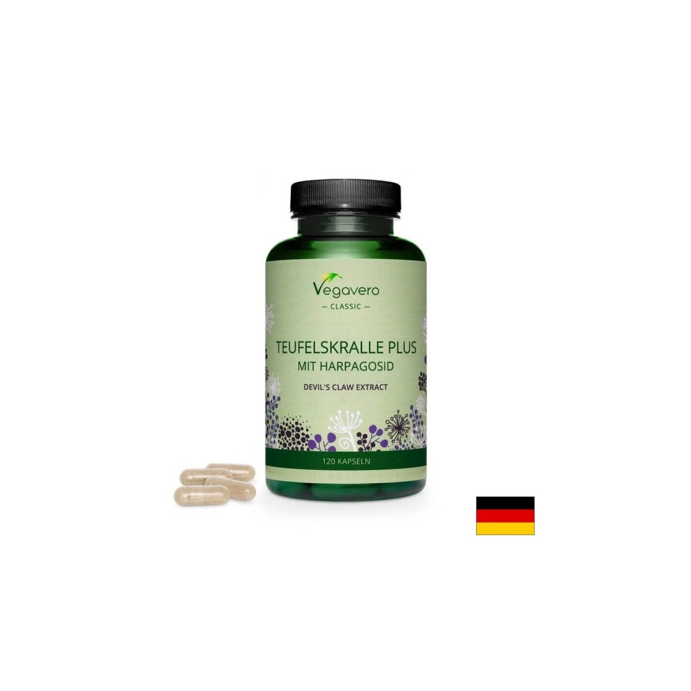 Teufelskralle Plus Mit Harpagosid/ Билкова формула с дяволски нокът, бяла върба и джинджифил, 120 капсули, 100% Vegan Vegavero