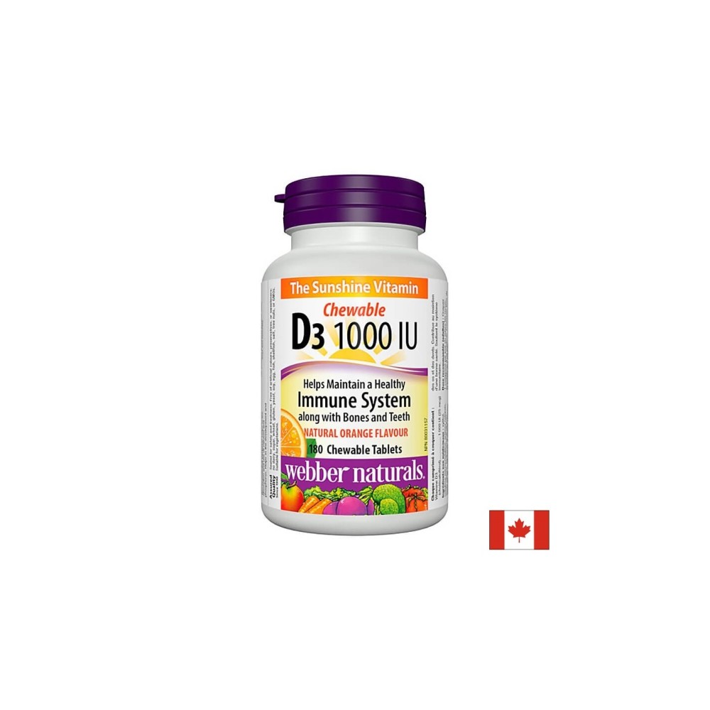 Здрави кости и зъби - Витамин D3 1000 IU, 180 дъвчащи таблетки Webber Naturals Здрави кости и зъби - Витамин D3 1000 IU, 180 дъвчащи таблетки Webber Naturals