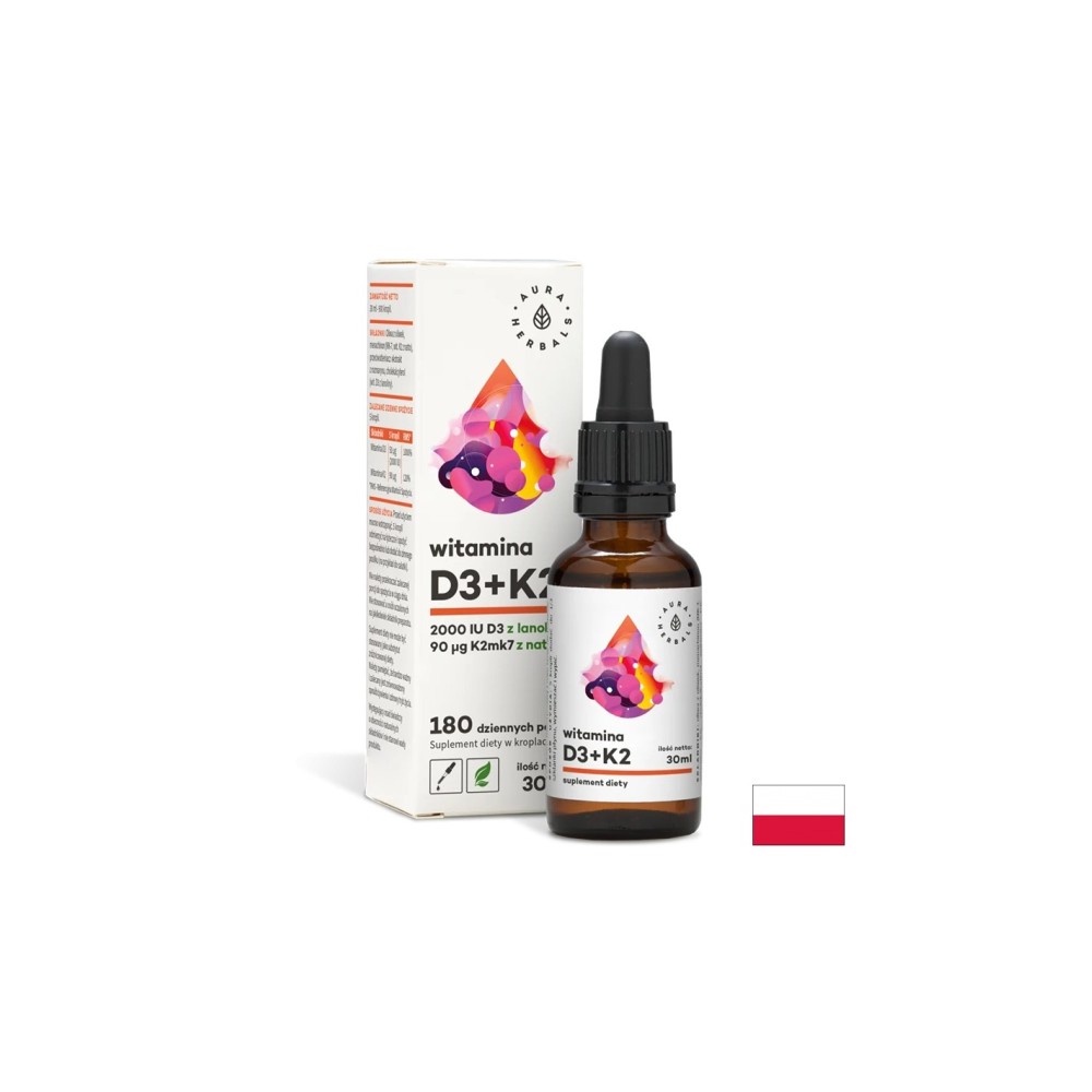 Кости и зъби - Витамин D3 + K2, 30 ml капки Aura Herbals