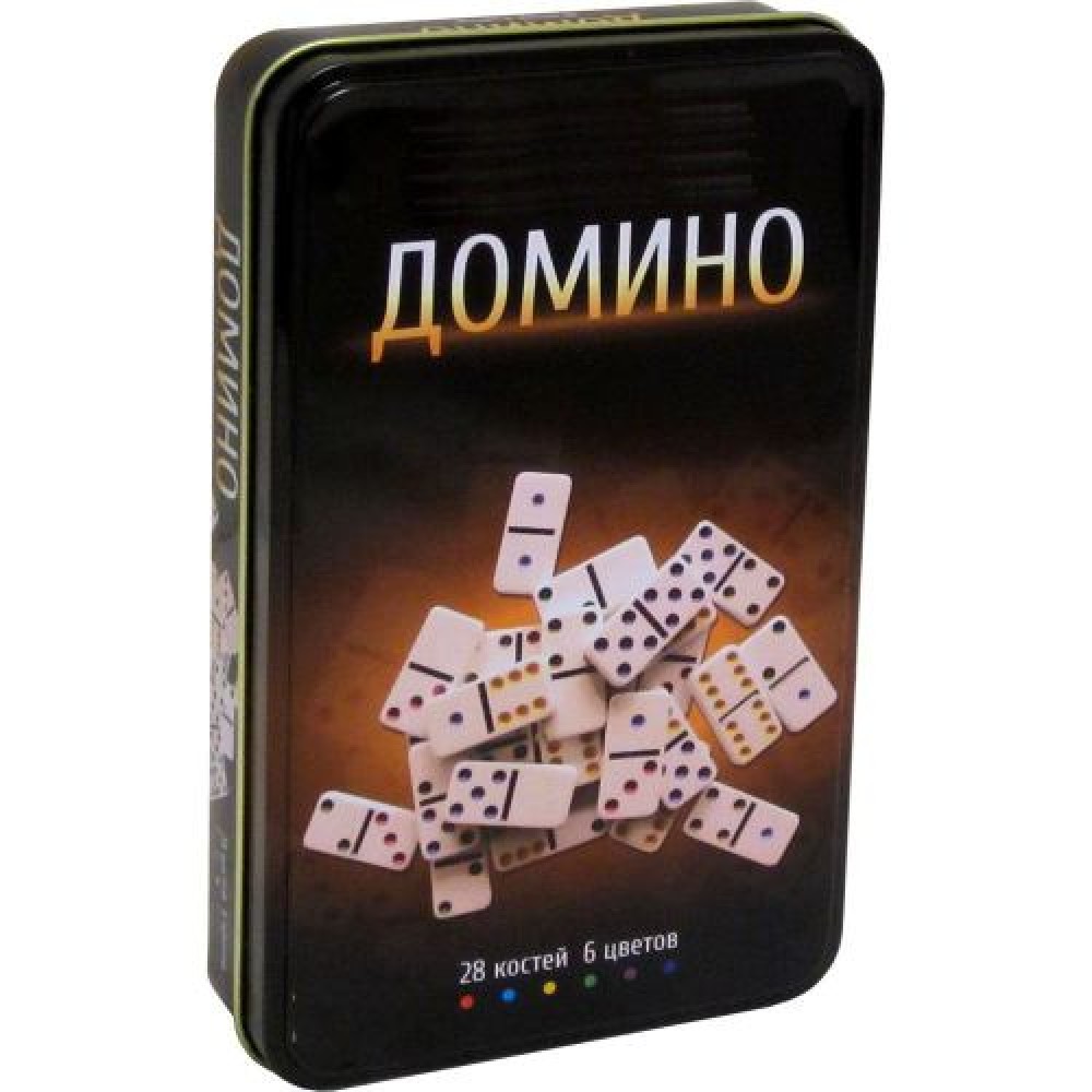 Домино,в,метална,кутия, съдържа,бели,плочки,с,цветни,точки