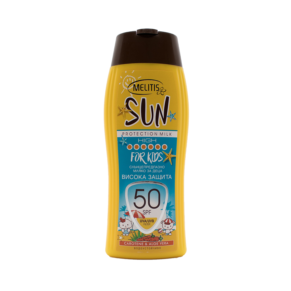 Слънцезащитно мляко “Melitis” SPF 50 за деца с каротен и алое вера 200 ml Слънцезащитно мляко “Melitis” SPF 50 за деца с каротен и алое вера 200 ml