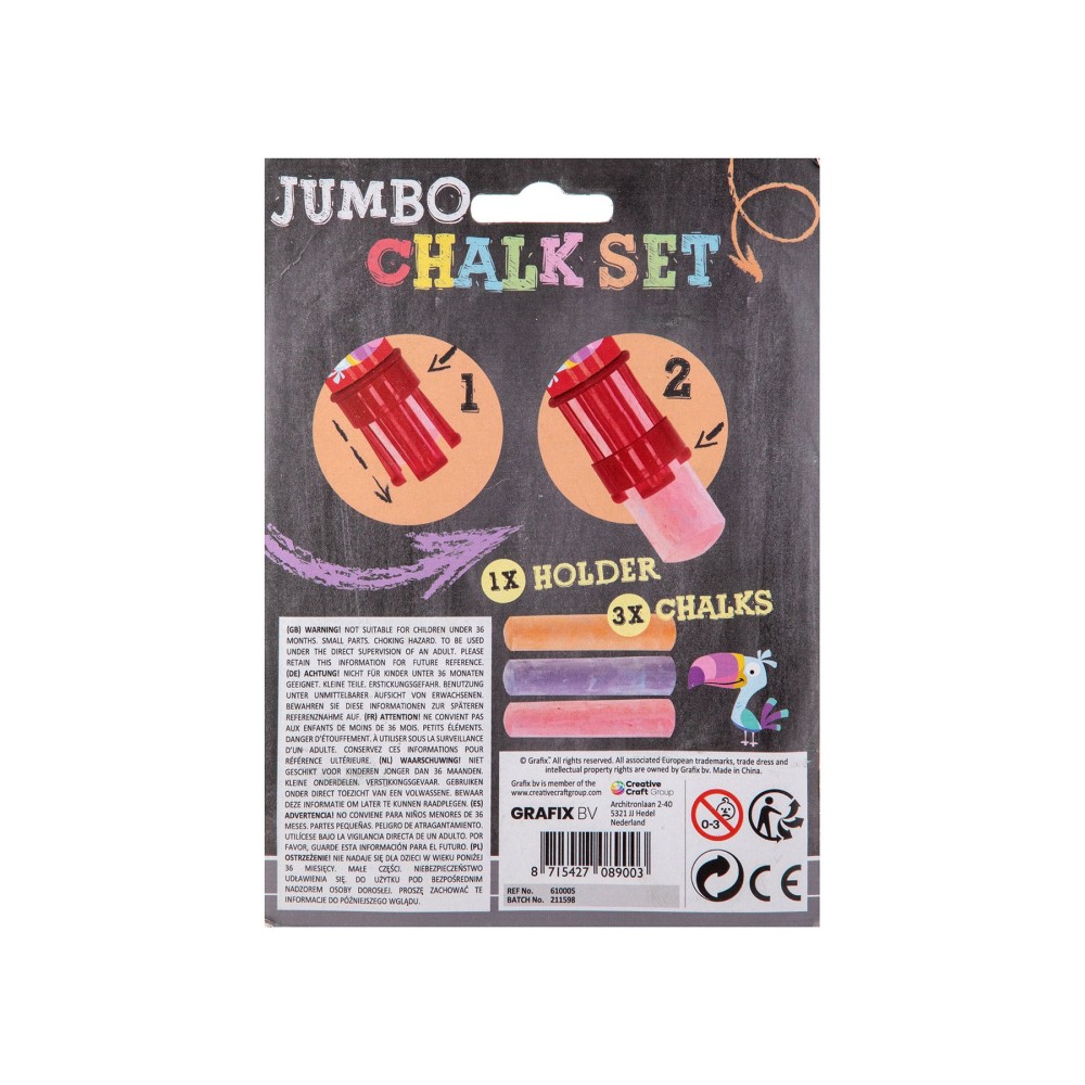 Grafix Държач за тебешири Jumbo, с включени 3 тебешира, в блистер, 3 броя Grafix Държач за тебешири Jumbo, с включени 3 тебешира, в блистер, 3 броя