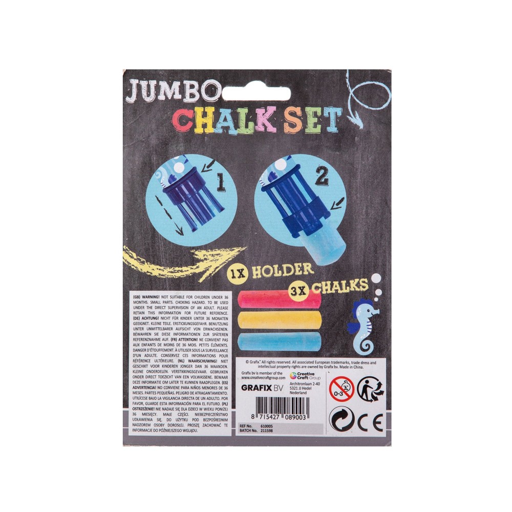 Grafix Държач за тебешири Jumbo, с включени 3 тебешира, в блистер, 3 броя Grafix Държач за тебешири Jumbo, с включени 3 тебешира, в блистер, 3 броя