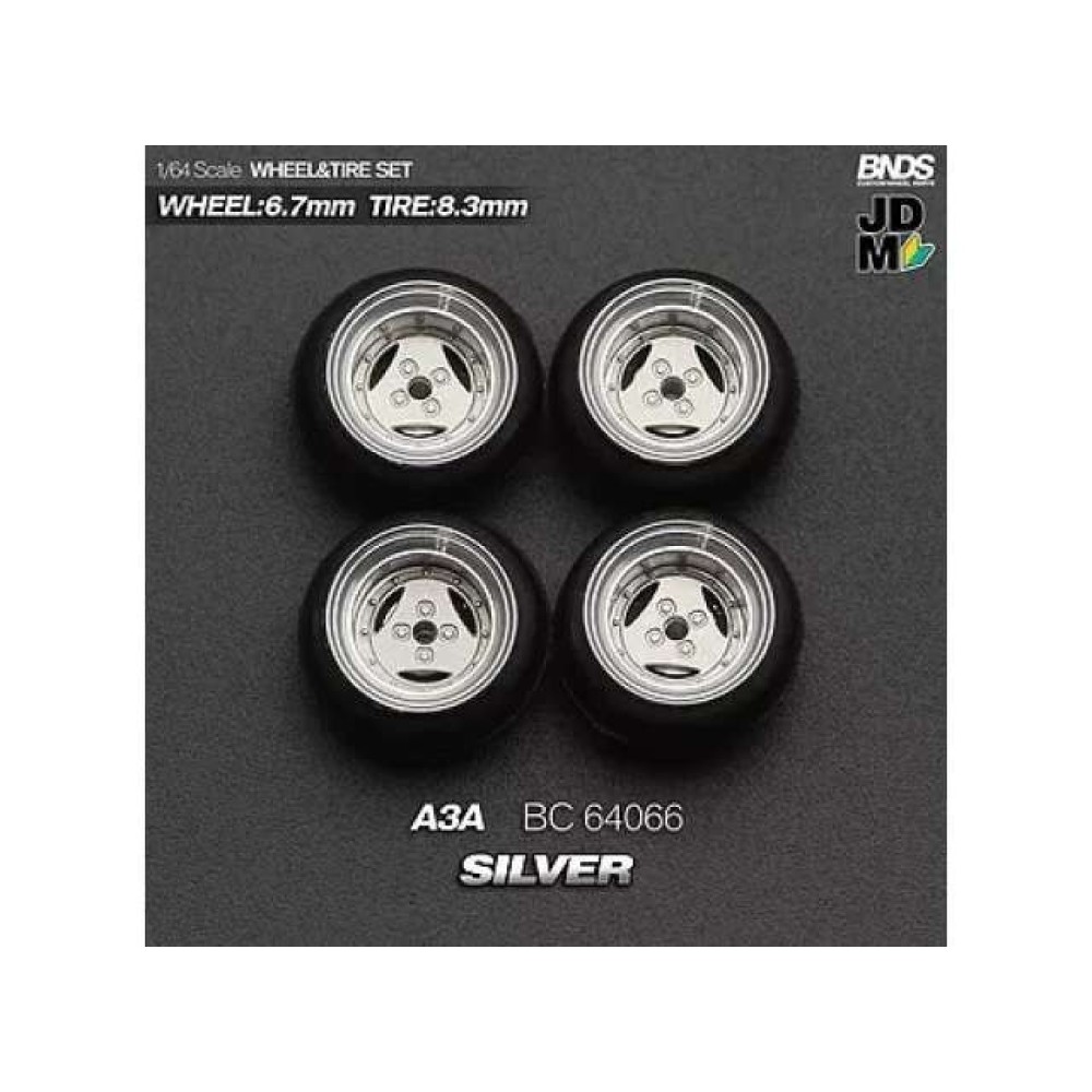 1:64 ADVAN A3A (колело: 6.7mm, джанта: 8.3mm) SILVER - Комплект гуми и джанти - 4 броя 1:64 ADVAN A3A (колело: 6.7mm, джанта: 8.3mm) SILVER - Комплект гуми и джанти - 4 броя