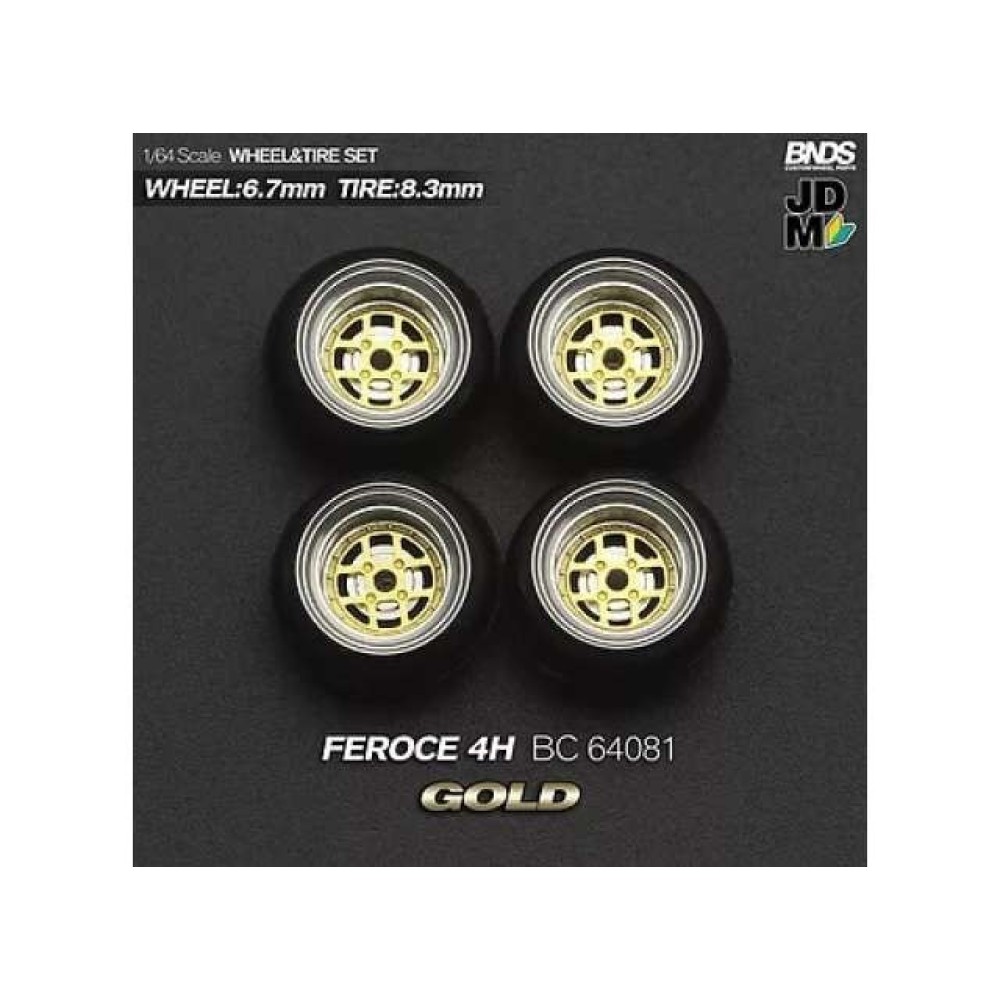 1:64 AUGUST FEROCE (колело: 6.7mm, джанта: 8.3mm) GOLD - Комплект гуми и джанти - 4 броя