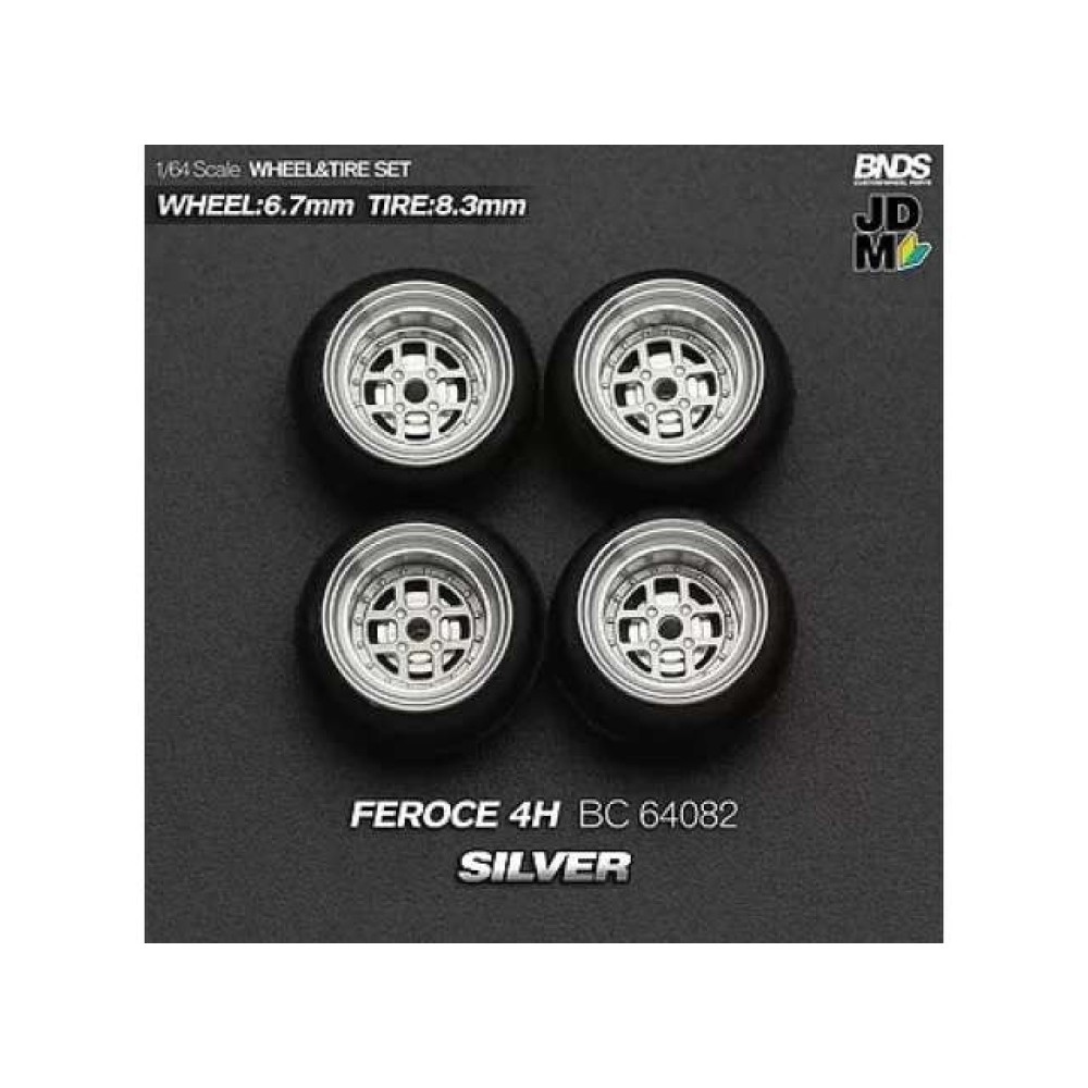 1:64 AUGUST FEROCE (колело: 6.7mm, джанта: 8.3mm) SILVER - Комплект гуми и джанти - 4 броя 1:64 AUGUST FEROCE (колело: 6.7mm, джанта: 8.3mm) SILVER - Комплект гуми и джанти - 4 броя