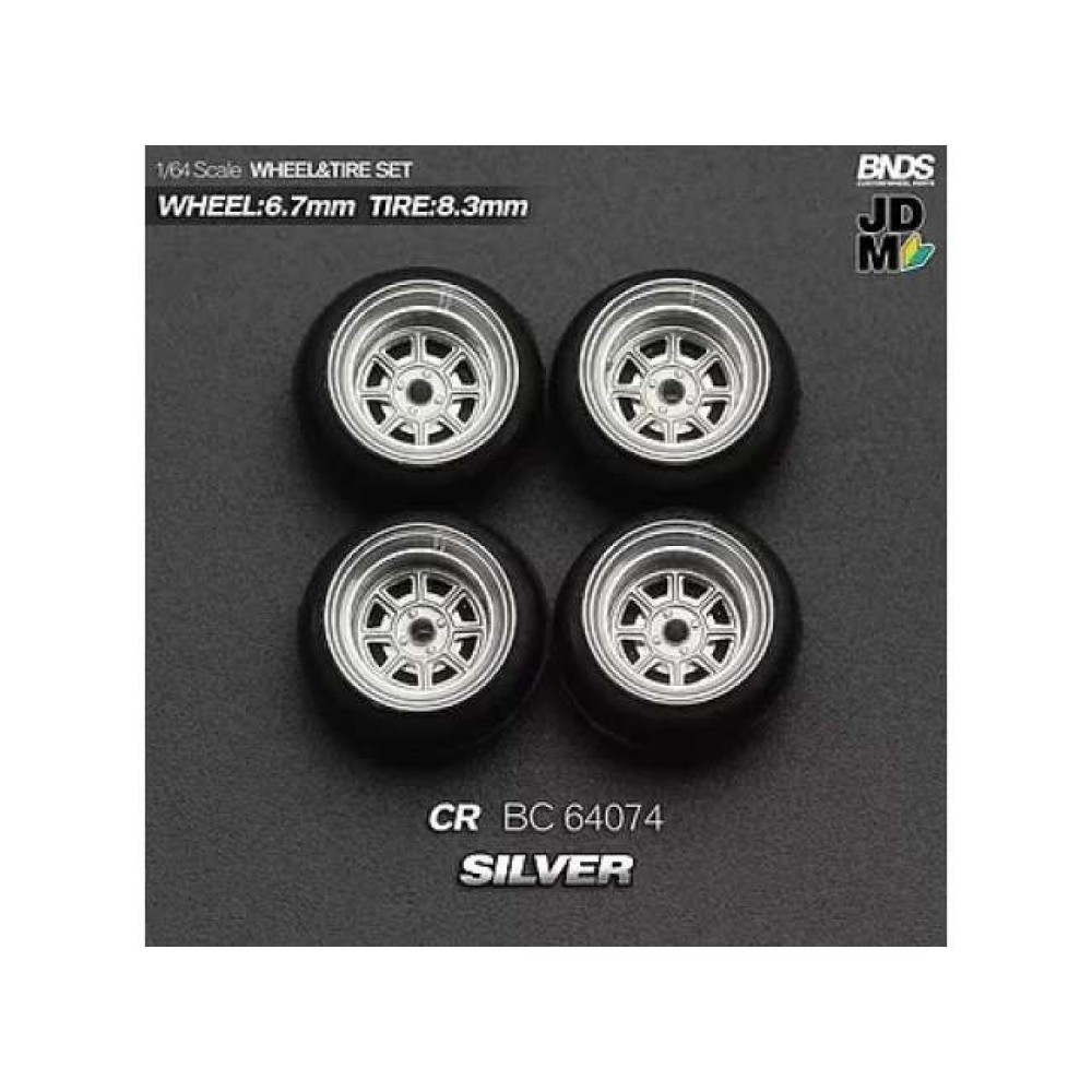 1:64 HAYASHI CR (колело: 6.7mm, джанта: 8.3mm) SILVER - Комплект гуми и джанти - 4 броя 1:64 HAYASHI CR (колело: 6.7mm, джанта: 8.3mm) SILVER - Комплект гуми и джанти - 4 броя