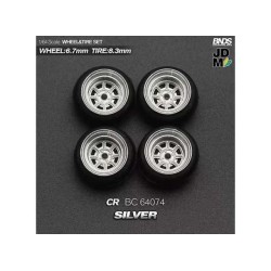 1:64 HAYASHI CR (колело: 6.7mm, джанта: 8.3mm) SILVER - Комплект гуми и джанти - 4 броя