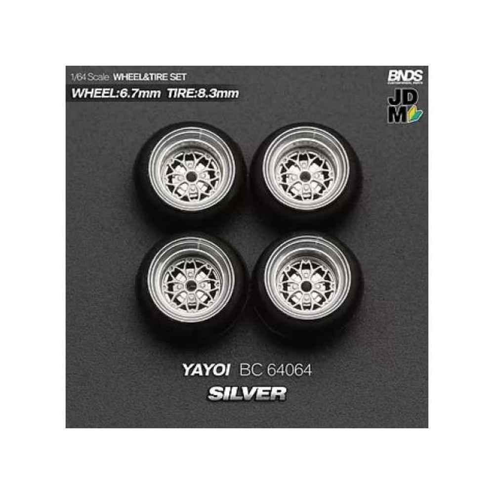 1:64 HAYASHI YAYOI (колело: 6.7mm, джанта: 8.3mm) SILVER - Комплект гуми и джанти - 4 броя 1:64 HAYASHI YAYOI (колело: 6.7mm, джанта: 8.3mm) SILVER - Комплект гуми и джанти - 4 броя