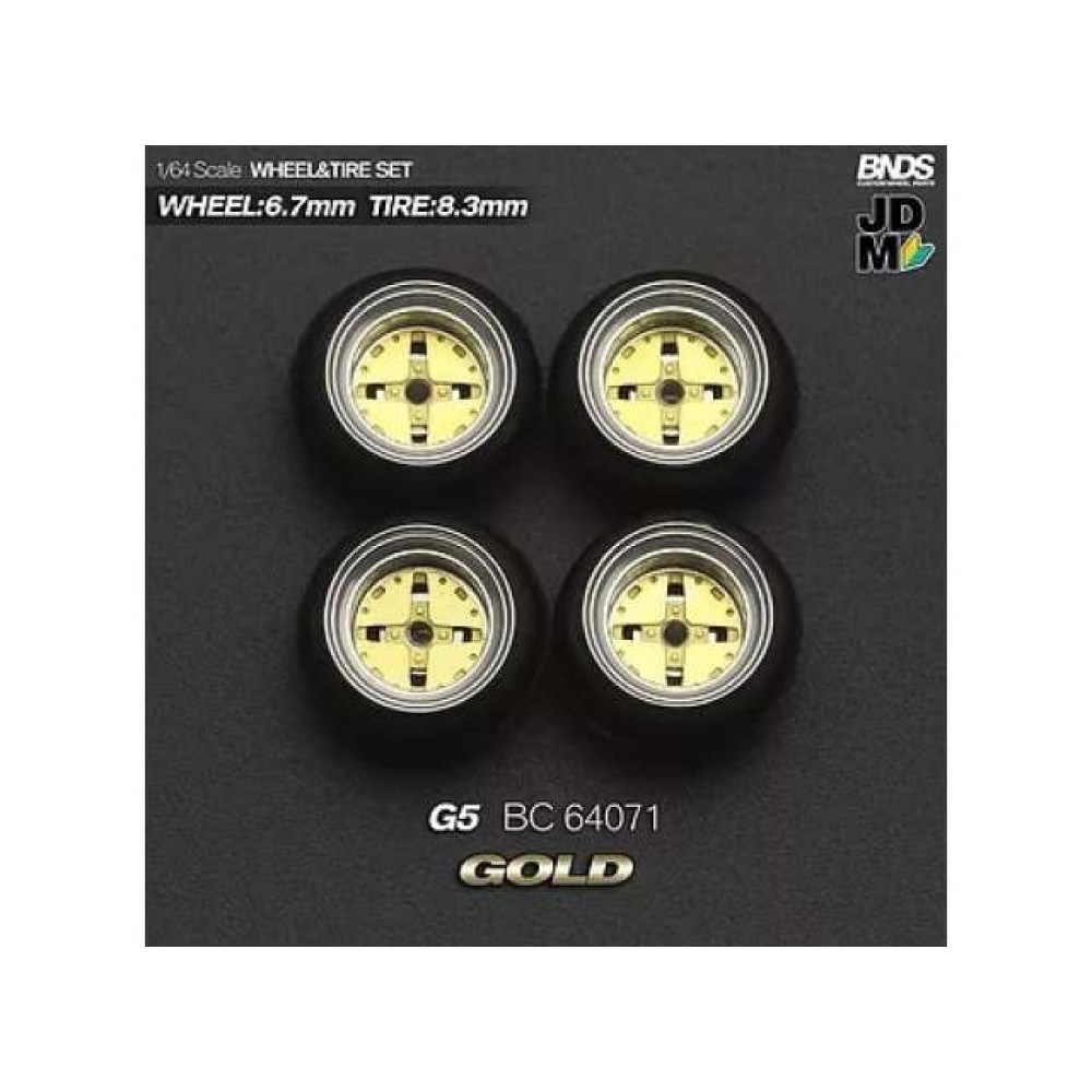 1:64 HOSHINO G5 (колело: 6.7mm, джанта: 8.3mm) GOLD - Комплект гуми и джанти - 4 броя 1:64 HOSHINO G5 (колело: 6.7mm, джанта: 8.3mm) GOLD - Комплект гуми и джанти - 4 броя