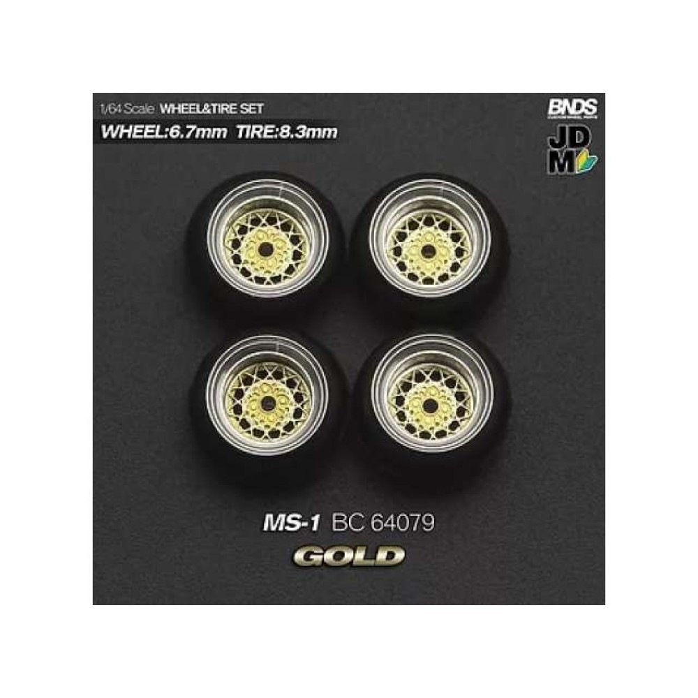 1:64 MANARAY MS-I (колело: 6.7mm, джанта: 8.3mm) GOLD - Комплект гуми и джанти - 4 броя 1:64 MANARAY MS-I (колело: 6.7mm, джанта: 8.3mm) GOLD - Комплект гуми и джанти - 4 броя