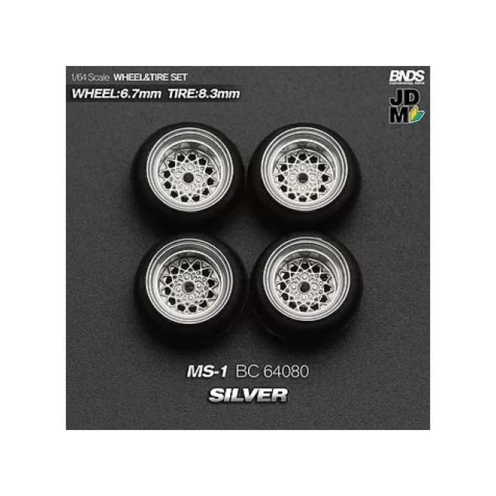 1:64 MANARAY MS-I (колело: 6.7mm, джанта: 8.3mm) SILVER - Комплект гуми и джанти - 4 броя 1:64 MANARAY MS-I (колело: 6.7mm, джанта: 8.3mm) SILVER - Комплект гуми и джанти - 4 броя