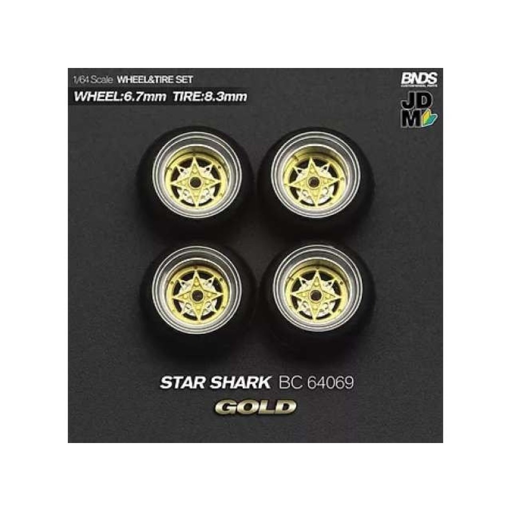 1:64 STAR SHARK (колело: 6.7mm, джанта: 8.3mm) GOLD - Комплект гуми и джанти - 4 броя 1:64 STAR SHARK (колело: 6.7mm, джанта: 8.3mm) GOLD - Комплект гуми и джанти - 4 броя