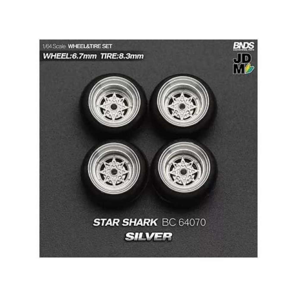 1:64 STAR SHARK (колело: 6.7mm, джанта: 8.3mm) SILVER - Комплект гуми и джанти - 4 броя 1:64 STAR SHARK (колело: 6.7mm, джанта: 8.3mm) SILVER - Комплект гуми и джанти - 4 броя