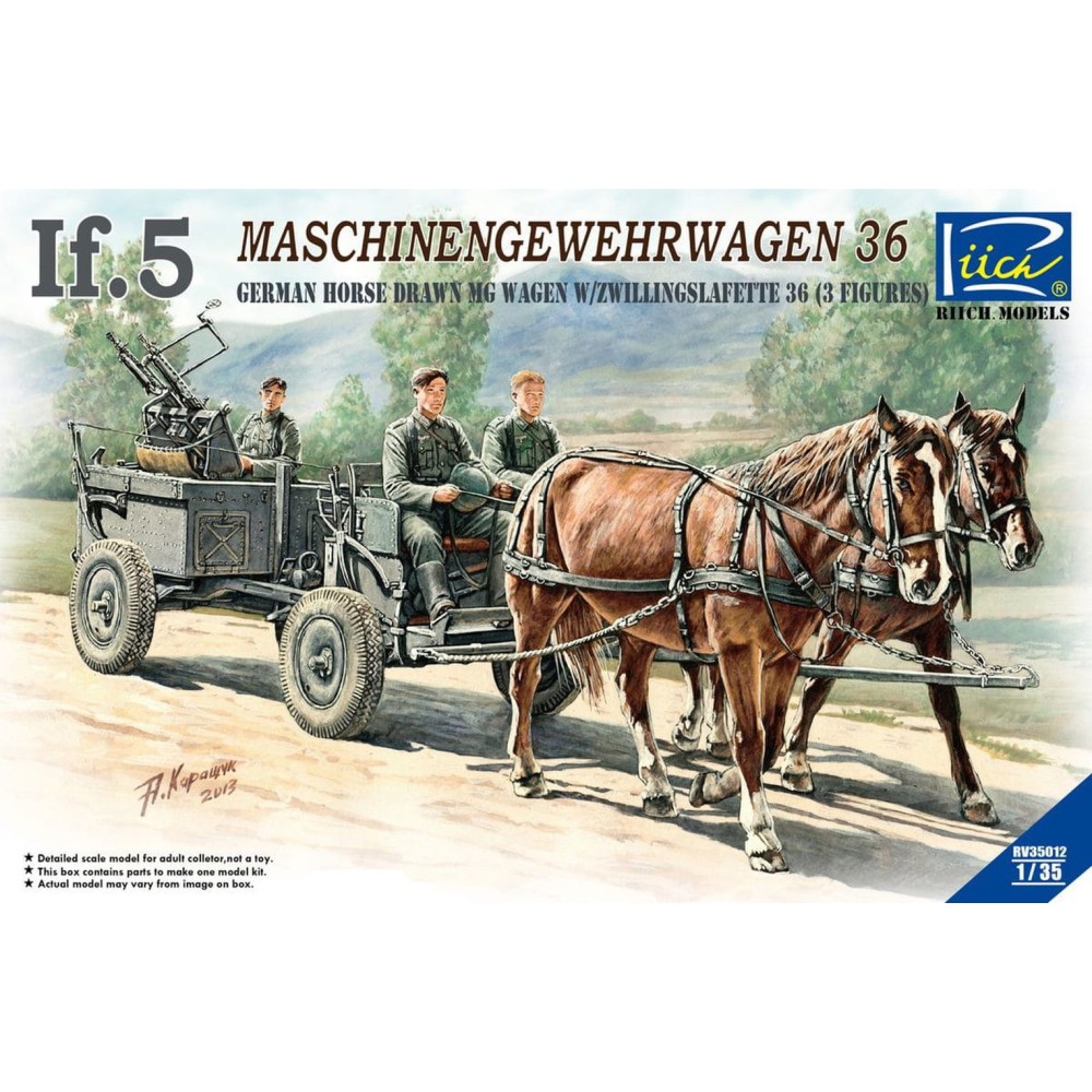 1:35 Ферманска двойно полево ремарке, теглено от коне Иф-5 36 (IF-5 Horse Drawn MG Wagon with Zwillingslafette 36) (два коня и три човешки фигури) 1:35 Ферманска двойно полево ремарке, теглено от коне Иф-5 36 (IF-5 Horse Drawn MG Wagon with Zwillingslafette 36) (два коня и три човешки фигури)