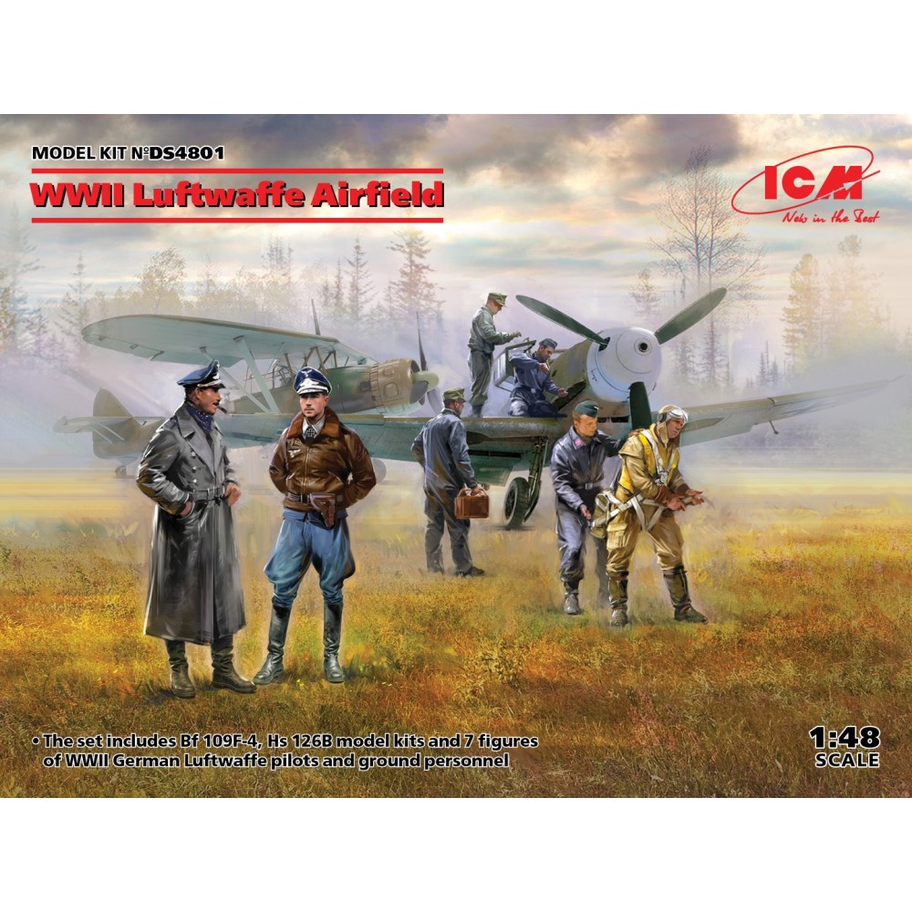 1:48 Летище на Луфтвафе от Втората световна война (Messerschmitt Bf 109F-4, Hs 126 B-1, немски пилоти и наземен персонал на Luftwaffe (7 фигури)) 1:48 Летище на Луфтвафе от Втората световна война (Messerschmitt Bf 109F-4, Hs 126 B-1, немски пилоти и наземен персонал на Luftwaffe (7 фигури))